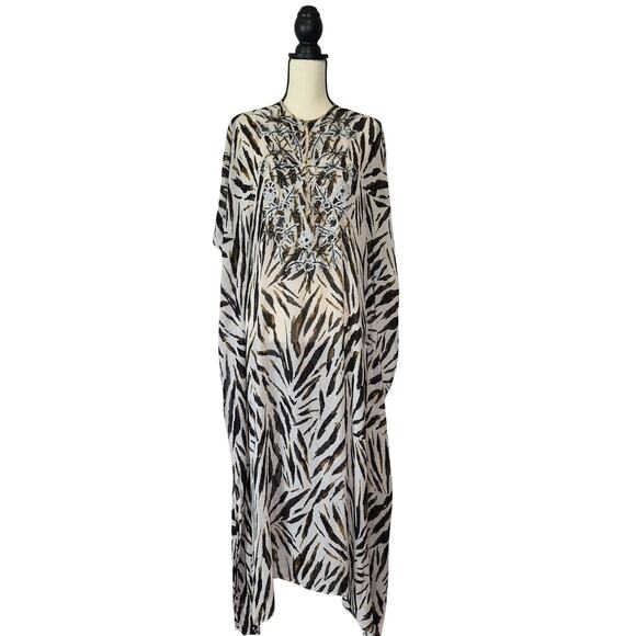 Spiegel Other - Spiegel Vintage Zebra Kaftan Maxi Dress Beaded Sequin Bohemian Cover Up Size M